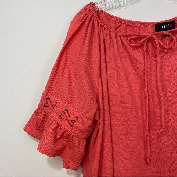 NAÏF Coral Colored Bell Sleeve Tie Neckline Blouse Crepe Material Plus Size 2X - Picture 6 of 9